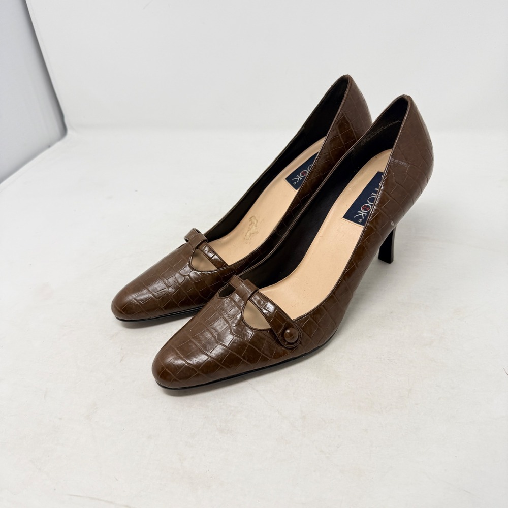 VTG JG Hook Brown Croc Embossed Faux Leather Mary Jane Stiletto Pumps Size 9.5M